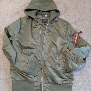 Alpha Industries Olive Green Hooded Bomber Jacket with Red Accent